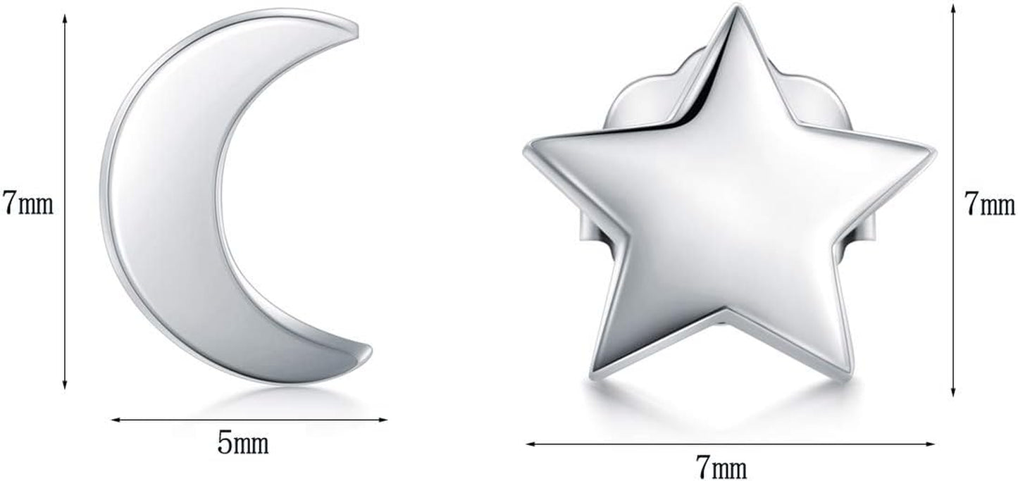 925 Sterling Silver Stud Earrings, Crescent Moon, Star, Sun High Polish Tarnish Resistant Earrings