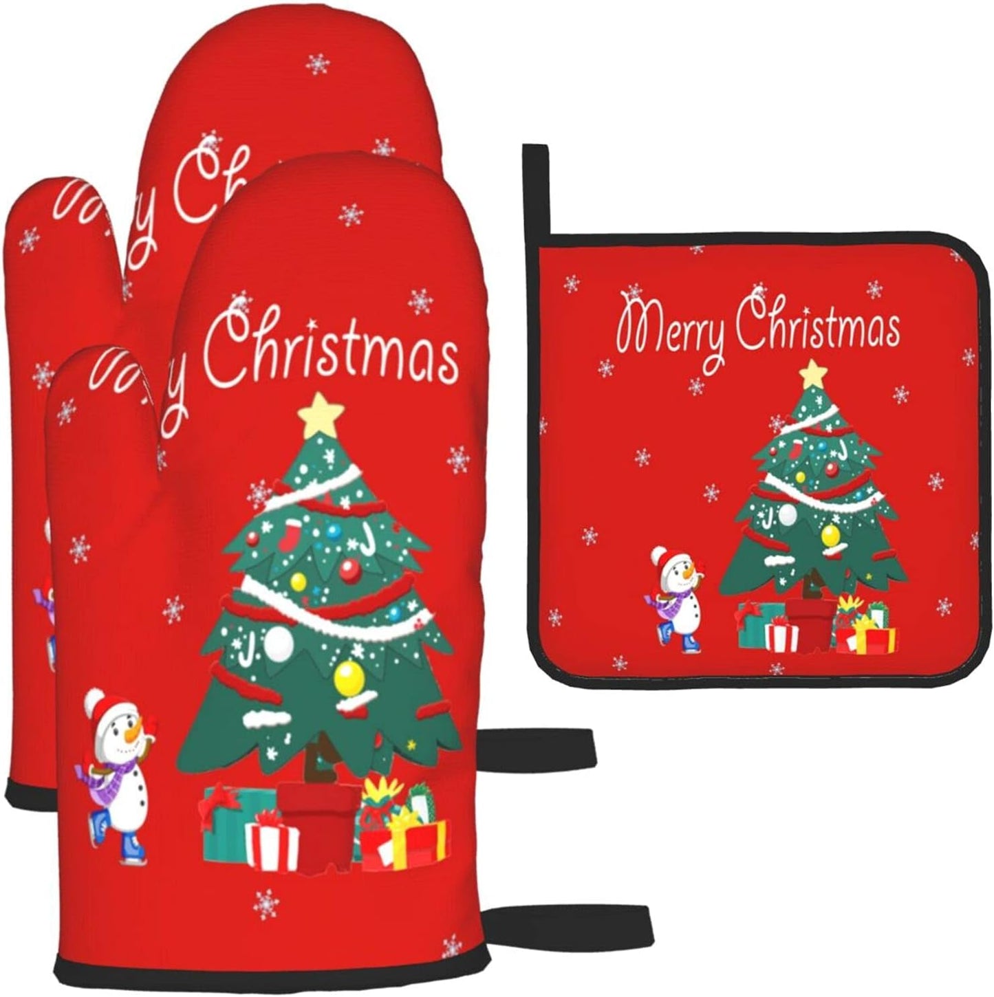 Christmas Oven Mitts - and Pot Holder Gloves Women Men Safe Cooking Oven Gloves for BBQ Cooking Housewarming Kitchen Decoration( Christmas Oven Mitts Set Red)