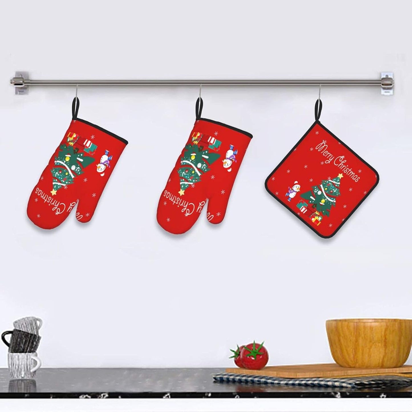 Christmas Oven Mitts - and Pot Holder Gloves Women Men Safe Cooking Oven Gloves for BBQ Cooking Housewarming Kitchen Decoration( Christmas Oven Mitts Set Red)