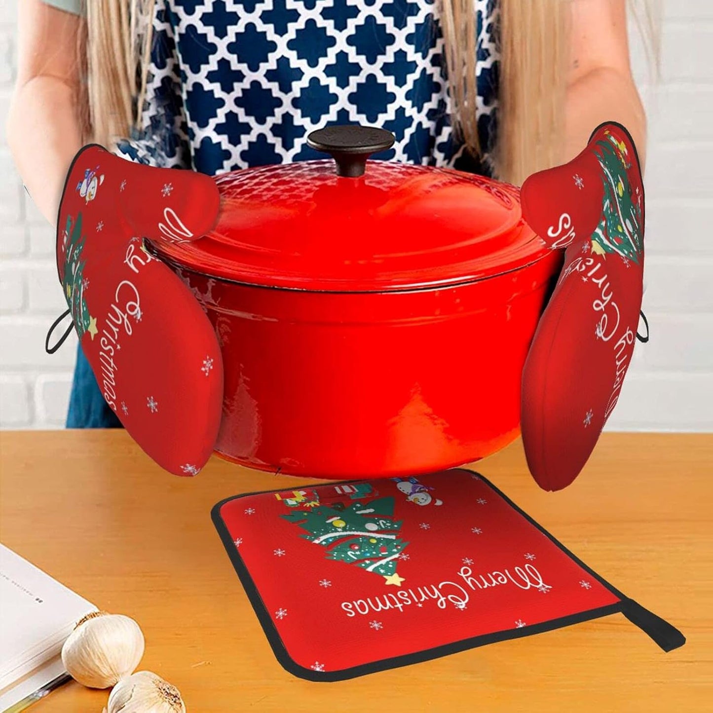 Christmas Oven Mitts - and Pot Holder Gloves Women Men Safe Cooking Oven Gloves for BBQ Cooking Housewarming Kitchen Decoration( Christmas Oven Mitts Set Red)