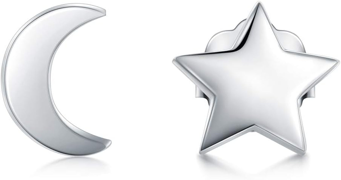 925 Sterling Silver Stud Earrings, Crescent Moon, Star, Sun High Polish Tarnish Resistant Earrings