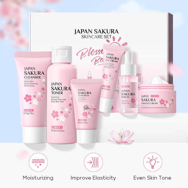 New 6Pcs/Set  Sakura Skin Care Sets Face Cream Serum Toner Facial Cleanser Sunscreen Eye Cream Face Skin Care Products