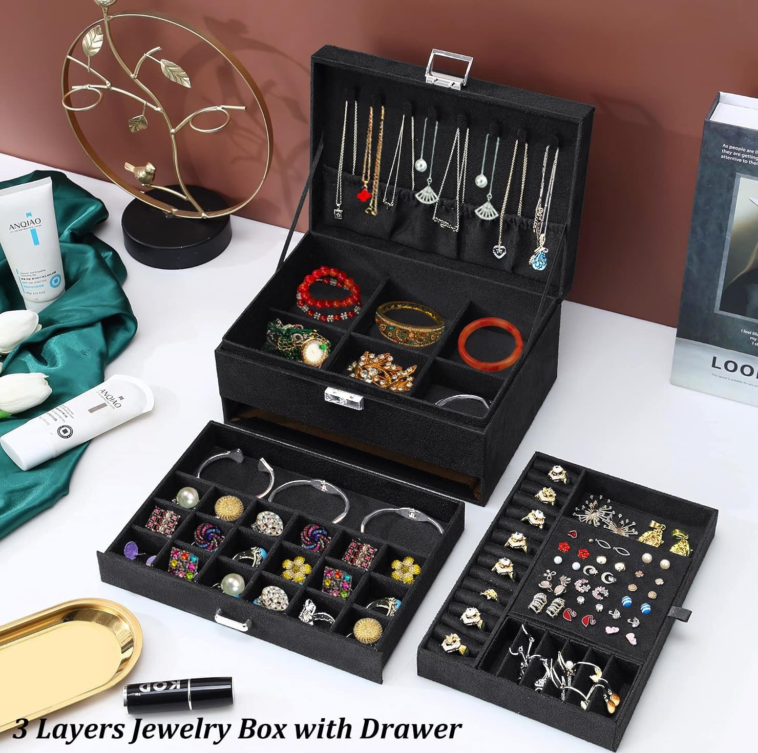 Jewelry Boxes for Women Black Velvet Jewelry Organizer with Lock,Teen Jewelry Organizers and Storage Earring and Necklace Holder Organizer Box Womens Jewelry Box for Necklaces Earrings Rings Bracelets