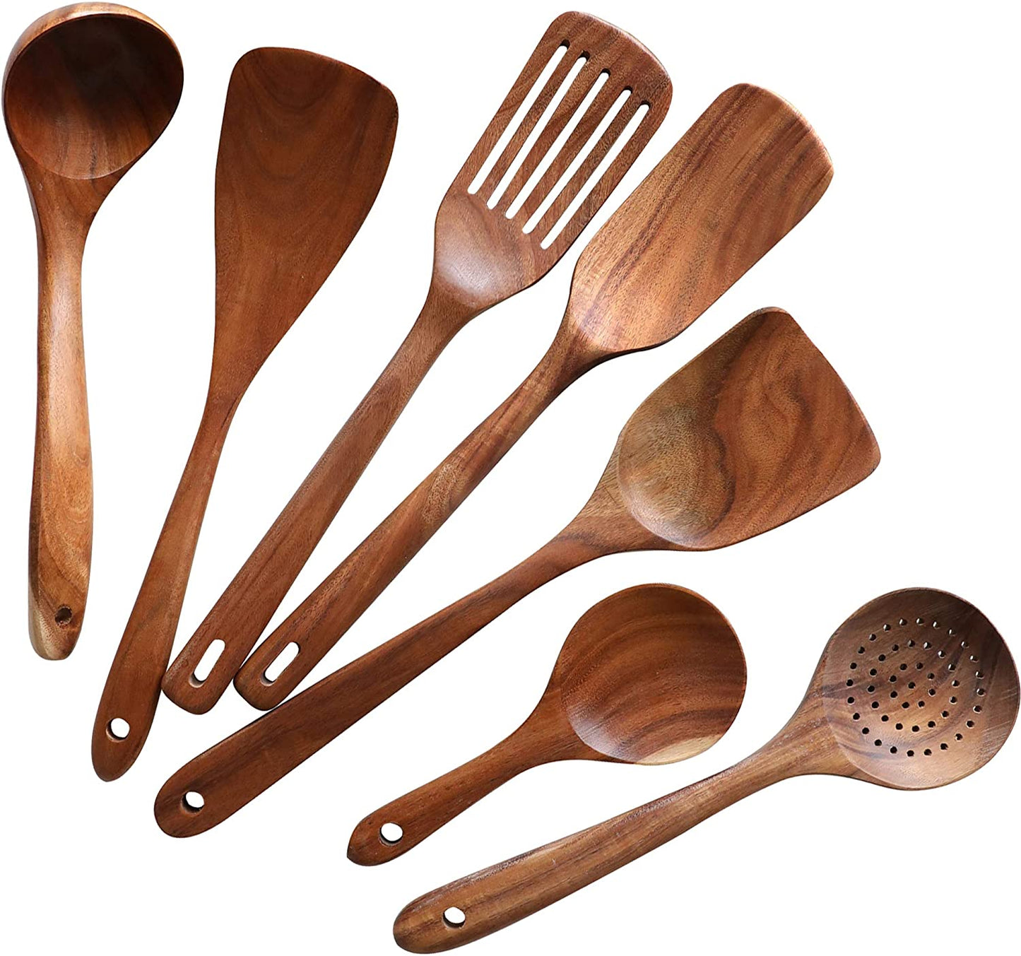 Wooden Cooking Utensils Set of 7, Wooden Cooking Tools - Natural Nonstick Hard Wood Spatula and Spoons - Durable,Wooden Spoons for Cooking