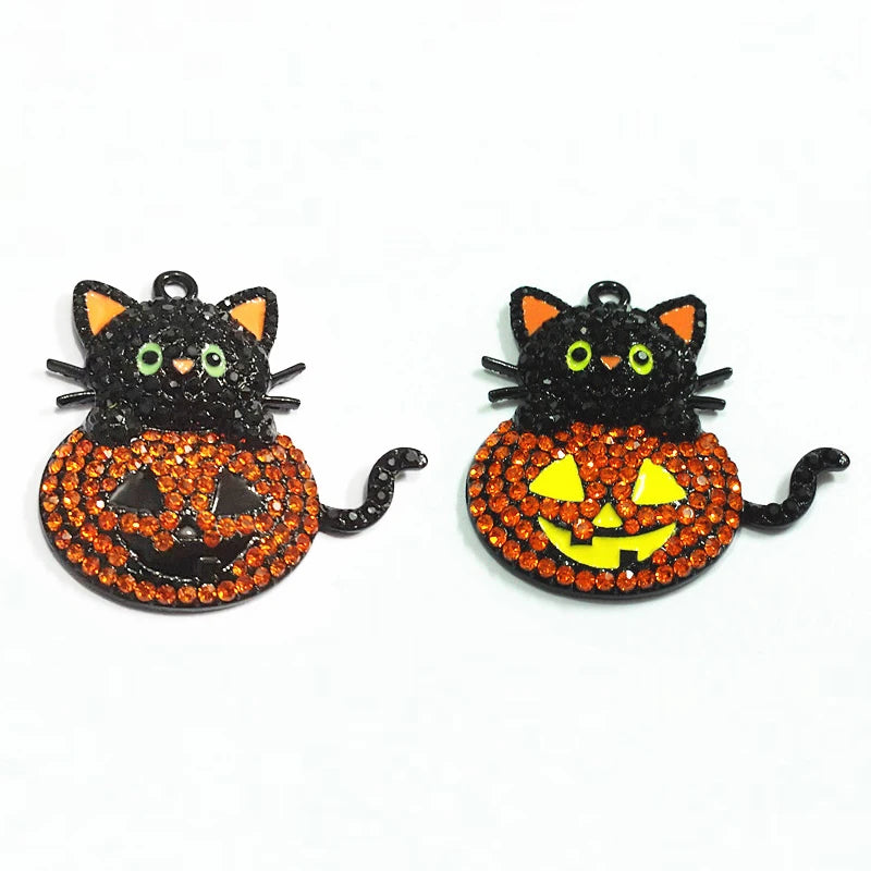 Newest! 40Mm*39Mm 10Pcs/Lot Cat and Pumpkin Rhinestone Pendants for Halloween Jewelry Making