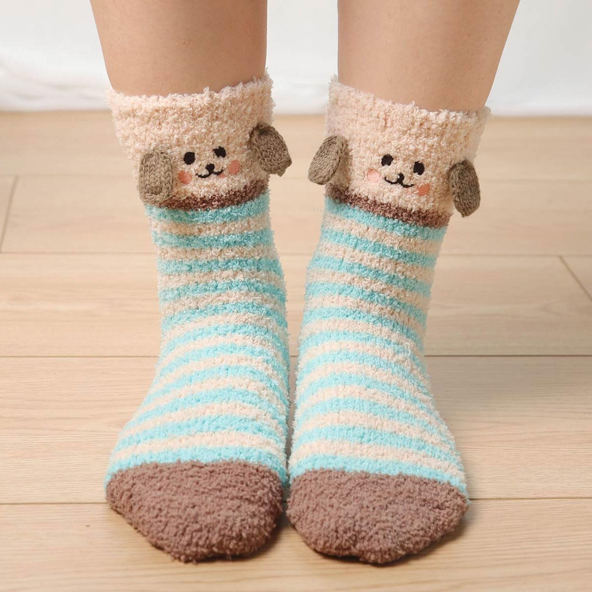 Fuzzy Slipper Socks for Women Fluffy Warm Non Slip Cozy Socks with Grips Winter Girls Soft Socks Animal Design 5 Pairs