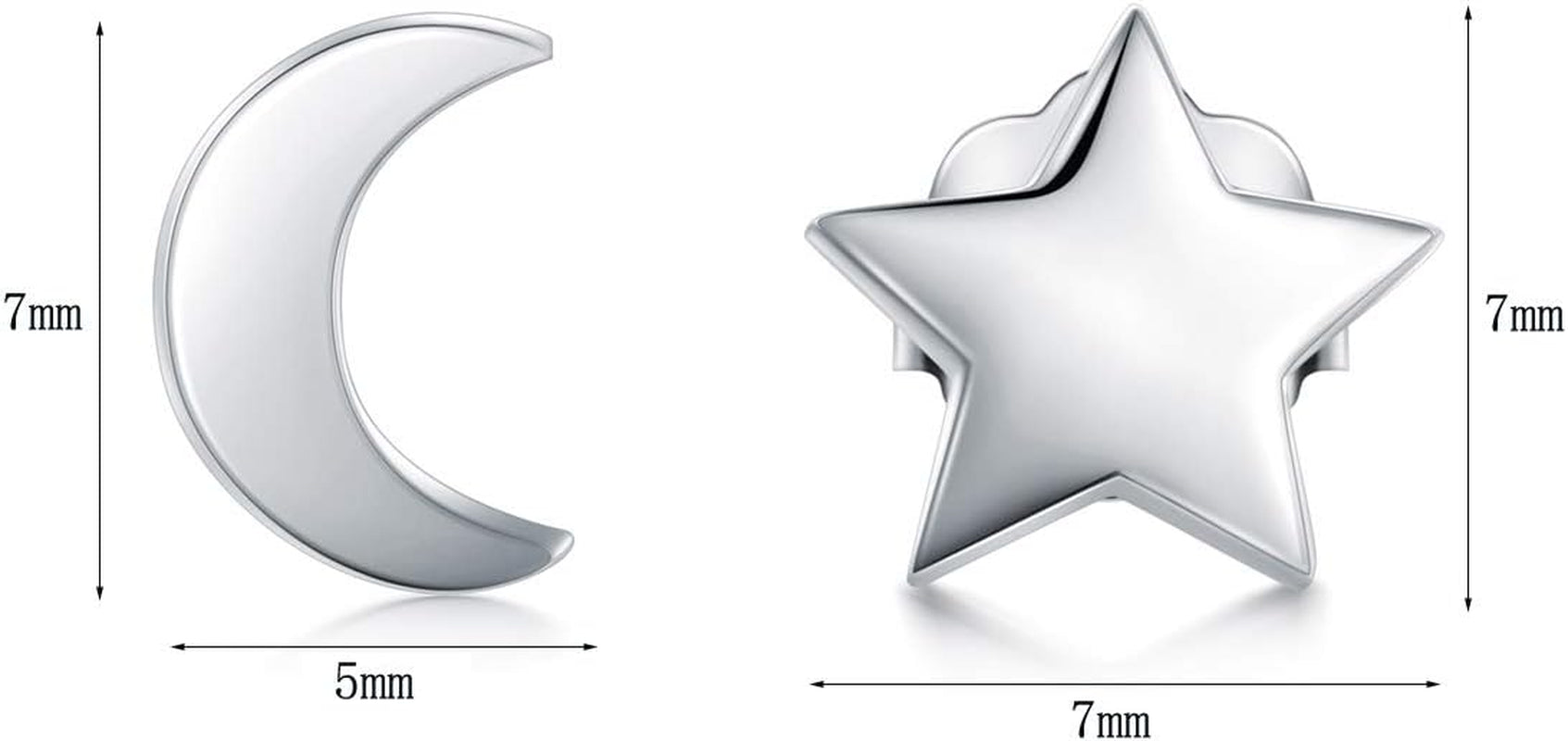 925 Sterling Silver Stud Earrings,  Crescent Moon, Star, Sun High Polish Tarnish Resistant Earrings