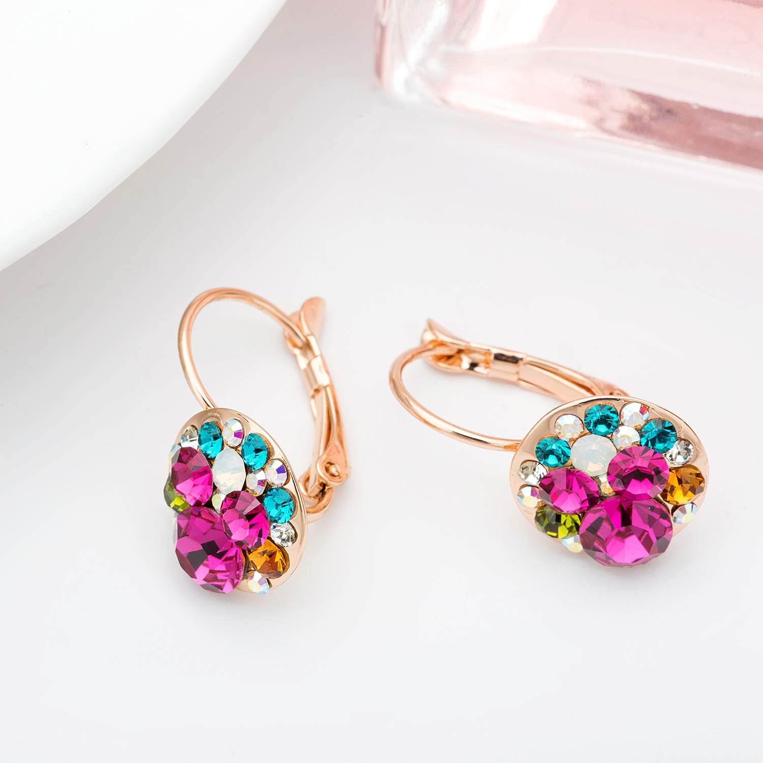 Multicolored Austrian Crystal Leverback Earrings for Women 14K Gold Plated Dangle Hoop Earrings Hypoallergenic Jewelry