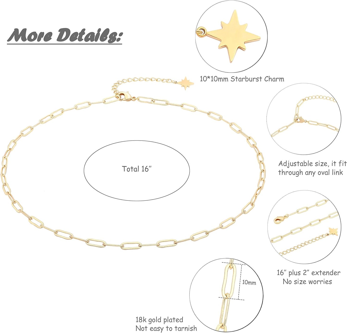 18K Gold Paperclip Chain Choker Satellite Chain Lava Bead Pendant Necklace Dainty Jewelry for Women 16''