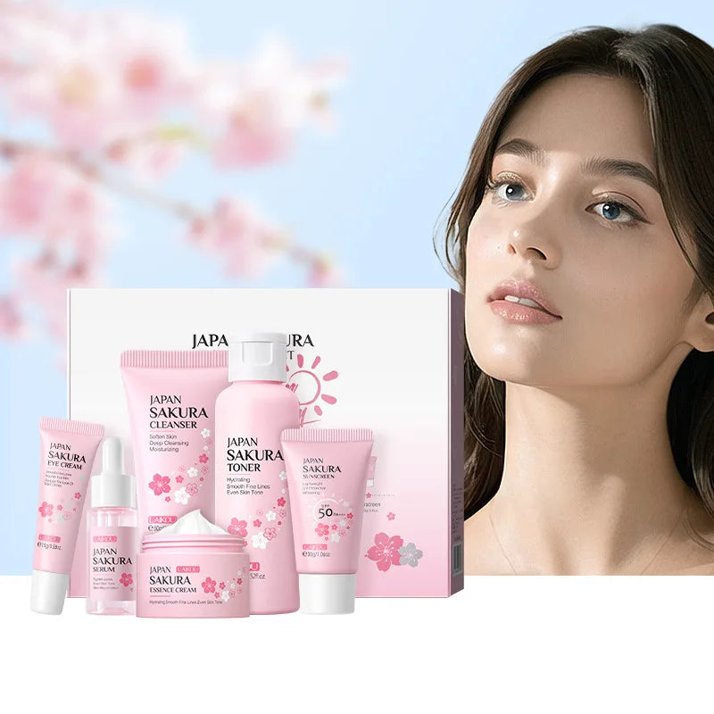 New 6Pcs/Set  Sakura Skin Care Sets Face Cream Serum Toner Facial Cleanser Sunscreen Eye Cream Face Skin Care Products