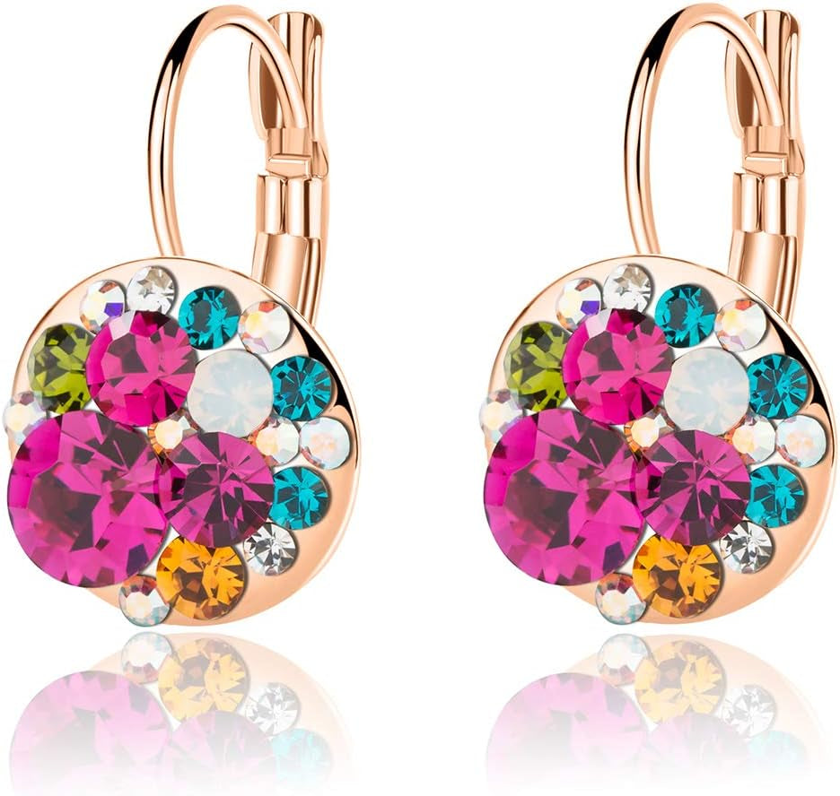 Multicolored Austrian Crystal Leverback Earrings for Women 14K Gold Plated Dangle Hoop Earrings Hypoallergenic Jewelry