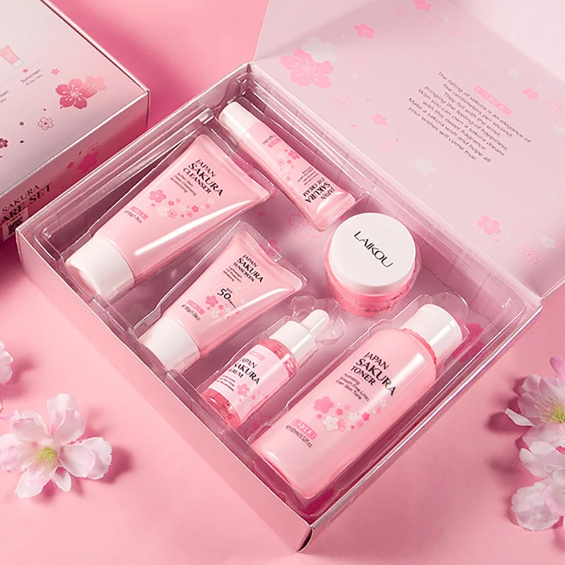 New 6Pcs/Set  Sakura Skin Care Sets Face Cream Serum Toner Facial Cleanser Sunscreen Eye Cream Face Skin Care Products