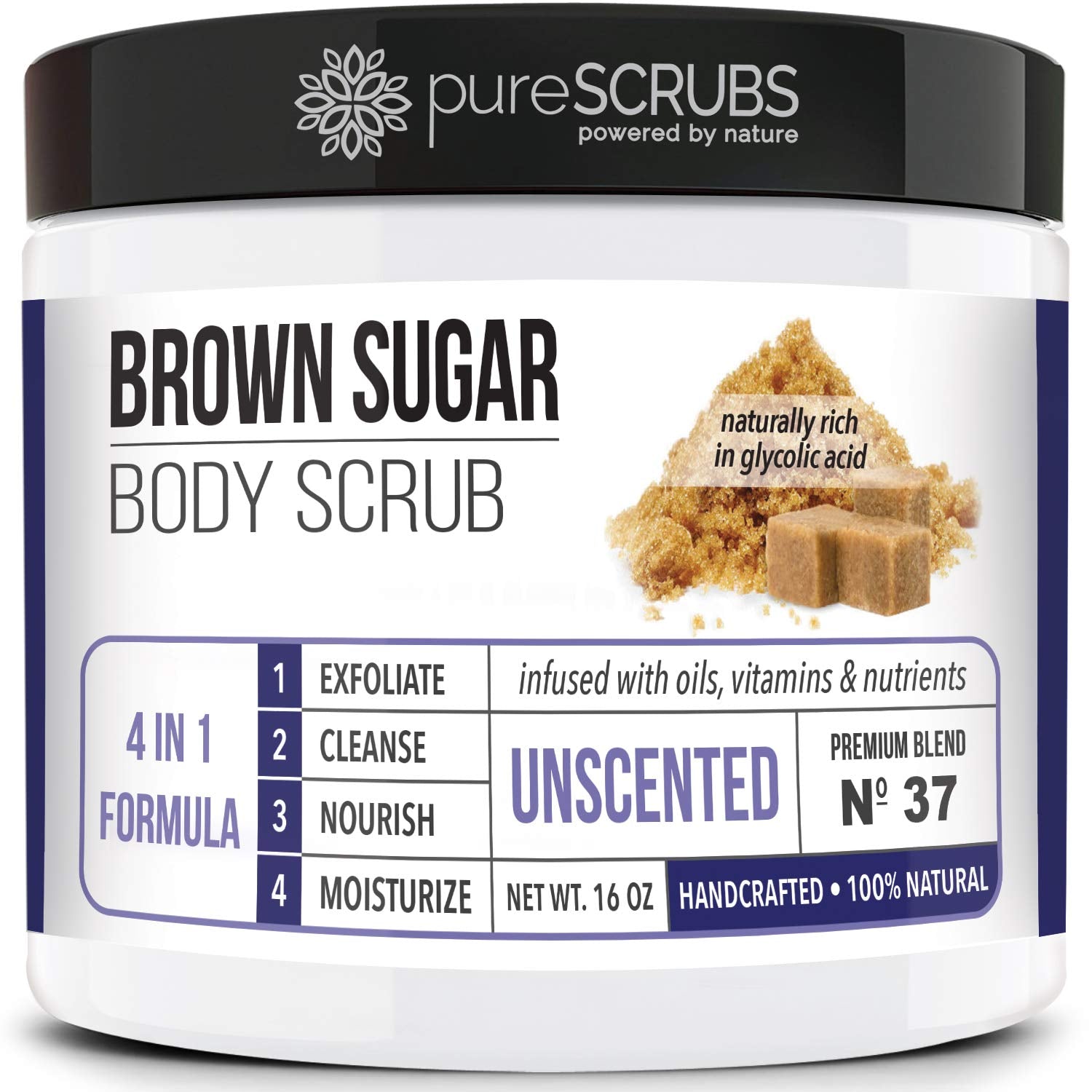 Premium Organic Brown Sugar UNSCENTED FACE & BODY SCRUB Set - Large 16Oz, Infused with Organic Essential Oils & Nutrients INCLUDES Wooden Spoon, Loofah & Mini Exfoliating Bar Soap