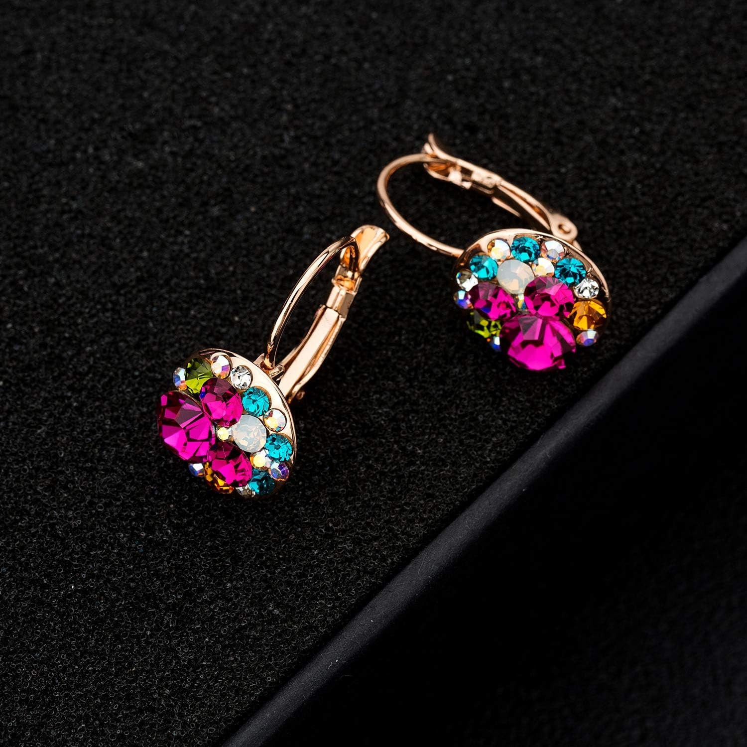 Multicolored Austrian Crystal Leverback Earrings for Women 14K Gold Plated Dangle Hoop Earrings Hypoallergenic Jewelry