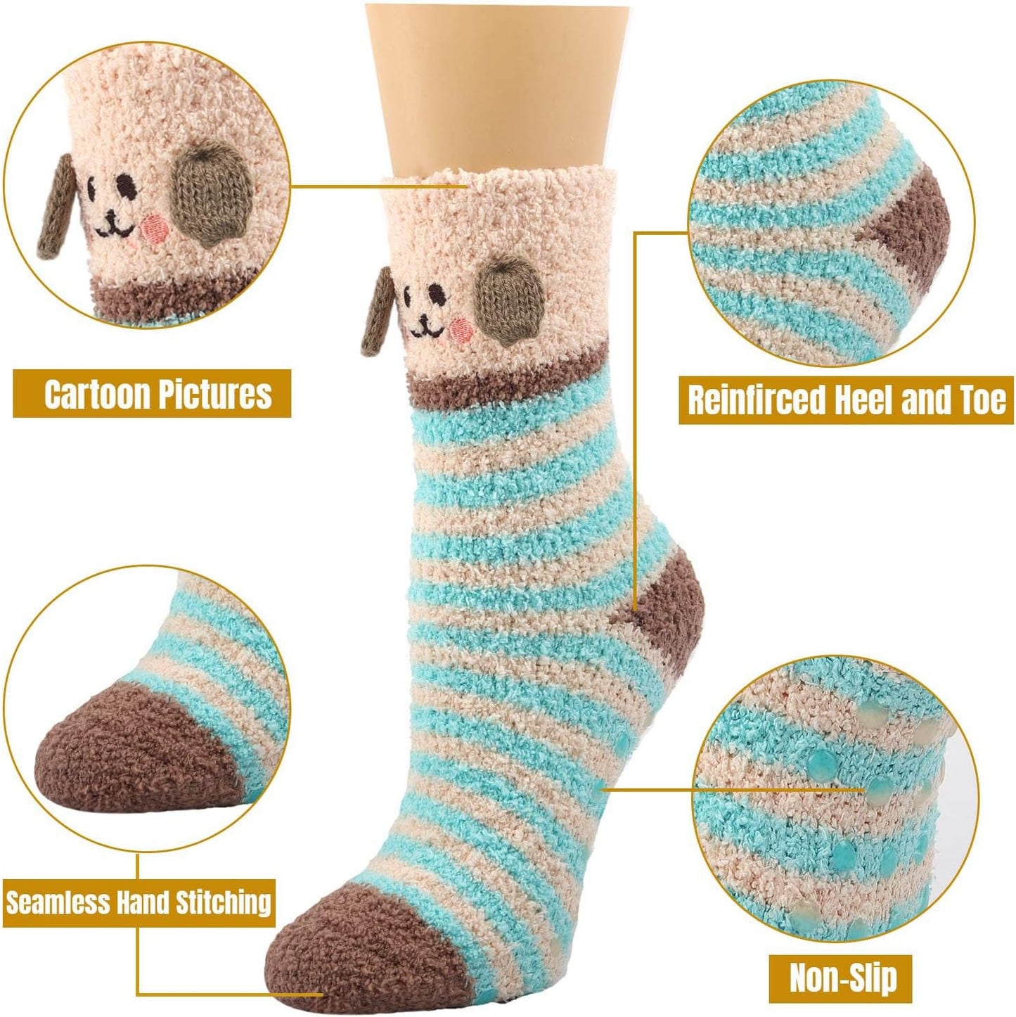 Fuzzy Slipper Socks for Women Fluffy Warm Non Slip Cozy Socks with Grips Winter Girls Soft Socks Animal Design 5 Pairs