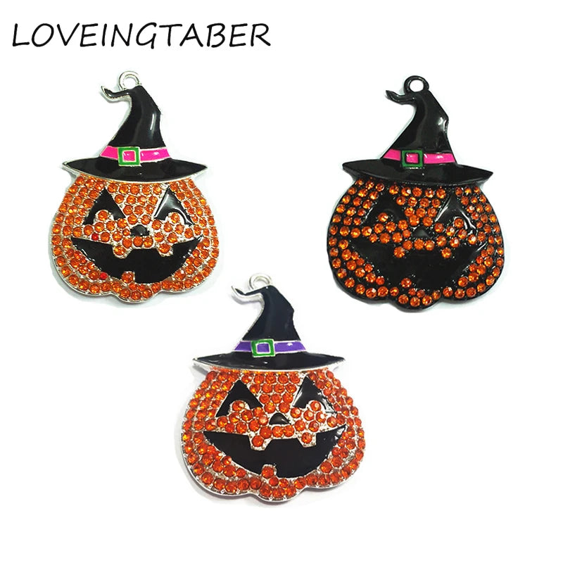 ( Choose Color First ) 47Mm*35Mm 10Pcs/Lot Pumpkin with Witch Hat Rhinestone Pendants for Halloween Jewelry