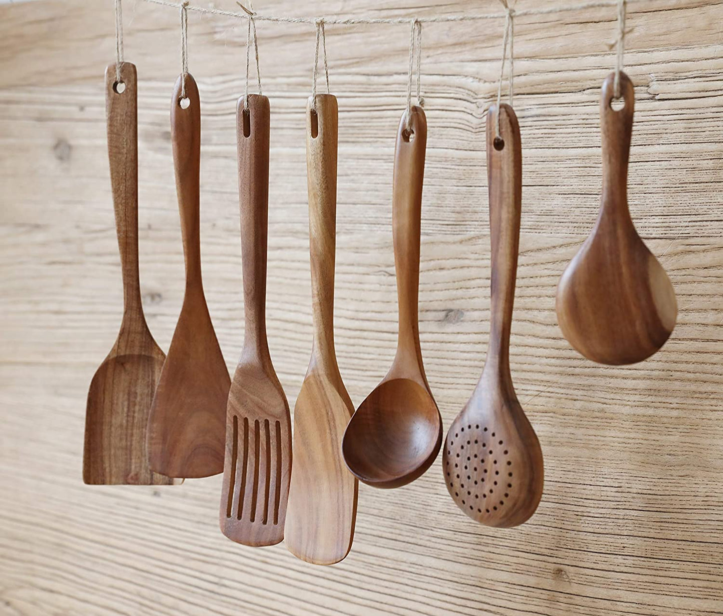 Wooden Cooking Utensils Set of 7, Wooden Cooking Tools - Natural Nonstick Hard Wood Spatula and Spoons - Durable,Wooden Spoons for Cooking