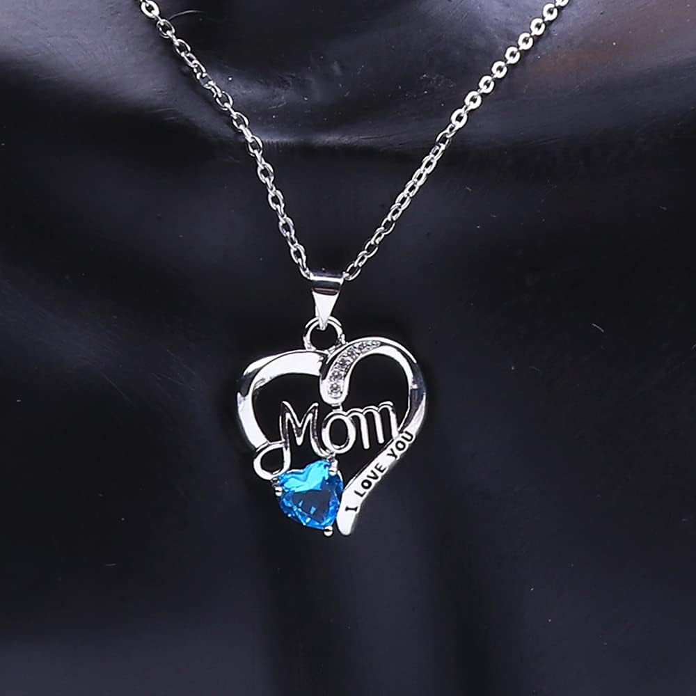 I LOVE YOU Mom Birth Stones Necklace, Silver Love Heart Pendant Necklace for Mom, Necklace Gift for Mother with 18''+2'' Chain