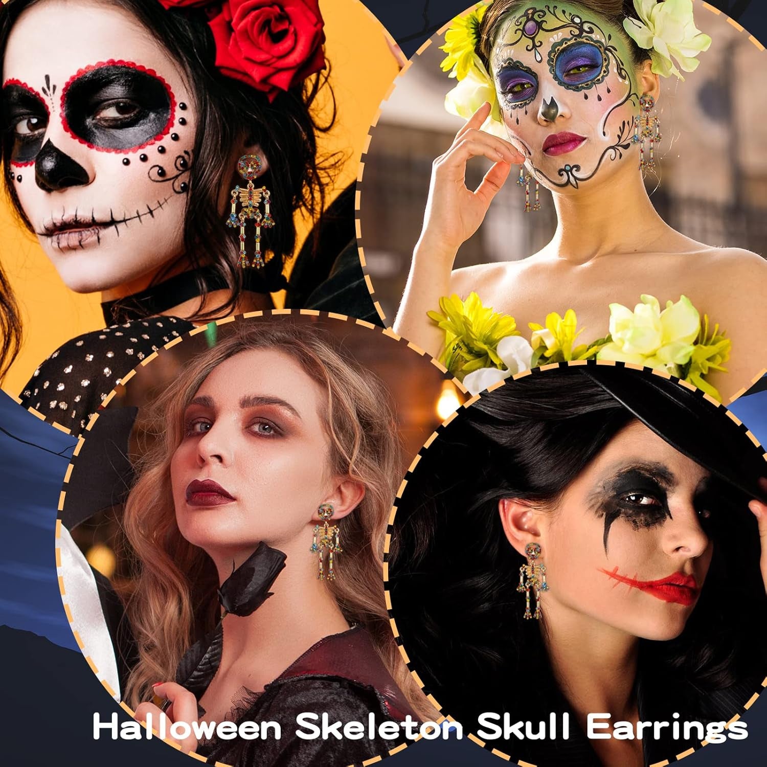 Halloween Skeleton Earrings for Women Bling Rhinestone Crystal Skull Earrings Spooky Skull Skeleton Dangle Earring Halloween Theme Jewelry Gift Charm Halloween Accessories