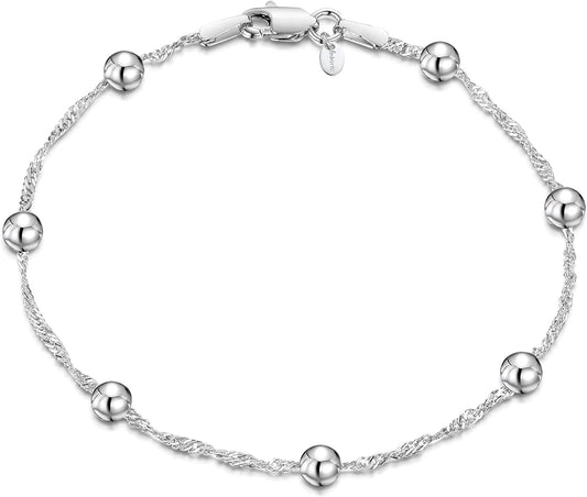 925 Sterling Silver 1.4 Singapore Chain Bracelet Size with 4 Mm Ball Beads 7" 7.5" In