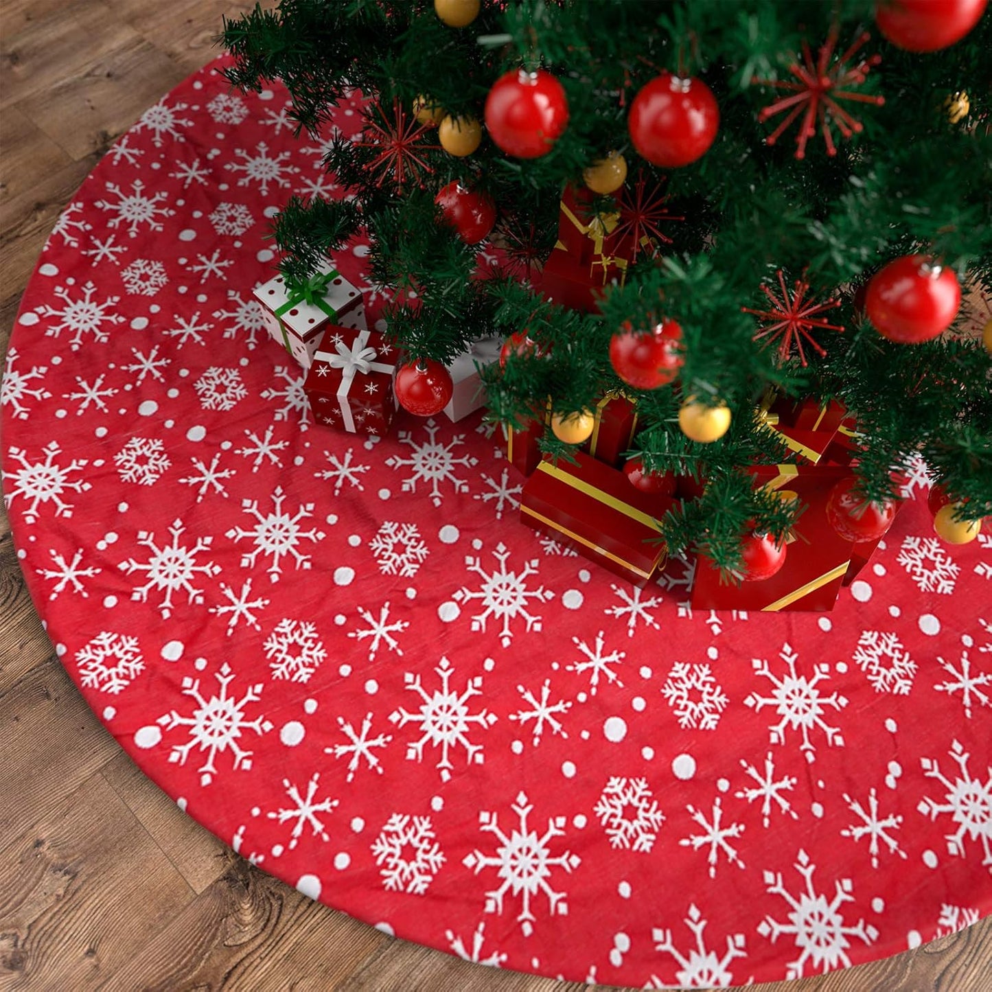 48 Inches Christmas Tree Skirt with 3D Snowflake for Xmas Tree Holiday Party Decorations (Red)