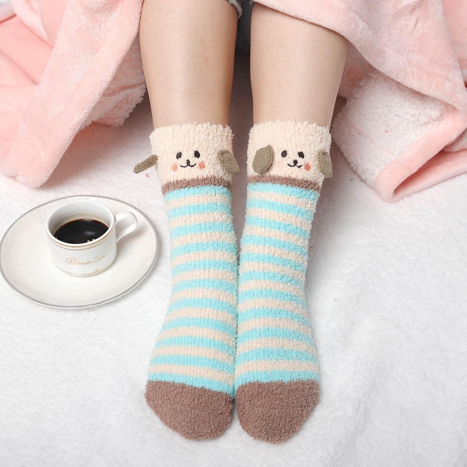 Fuzzy Slipper Socks for Women Fluffy Warm Non Slip Cozy Socks with Grips Winter Girls Soft Socks Animal Design 5 Pairs