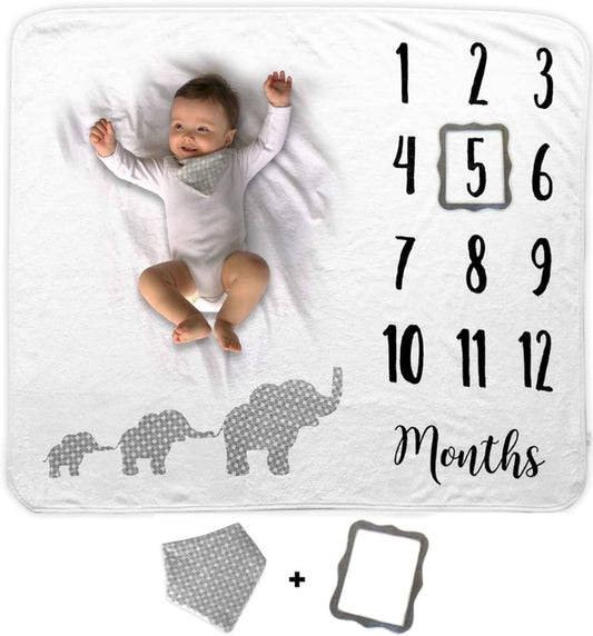 Baby Monthly Milestone Blanket | Includes Bib and Picture Frame | 1 to 12 Months | Premium Extra Soft Fleece | Best Photography Backdrop Prop for Newborn Boy & Girl (Elephant Blanket)