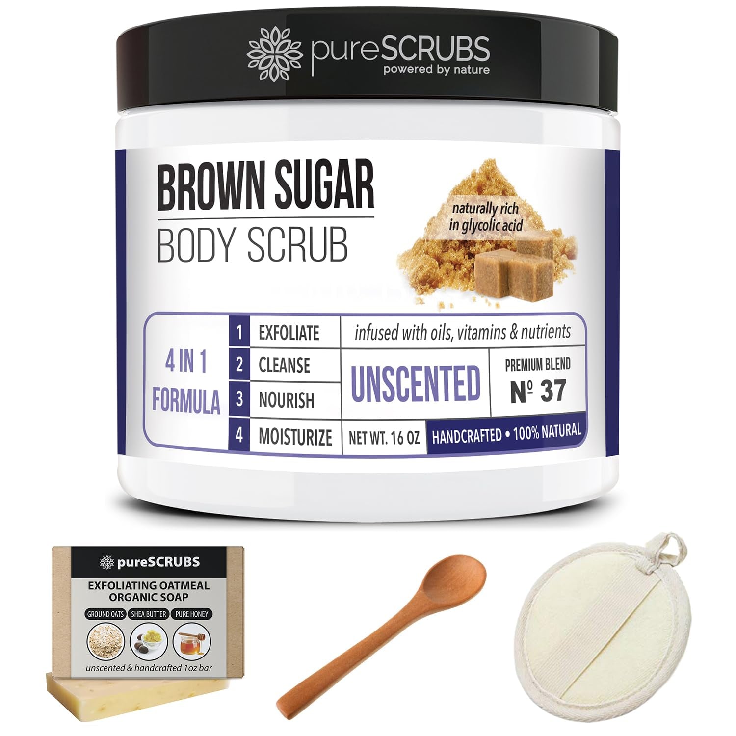 Premium Organic Brown Sugar UNSCENTED FACE & BODY SCRUB Set - Large 16Oz, Infused with Organic Essential Oils & Nutrients INCLUDES Wooden Spoon, Loofah & Mini Exfoliating Bar Soap