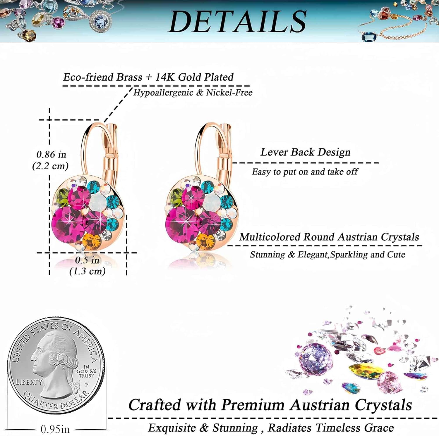 Multicolored Austrian Crystal Leverback Earrings for Women 14K Gold Plated Dangle Hoop Earrings Hypoallergenic Jewelry