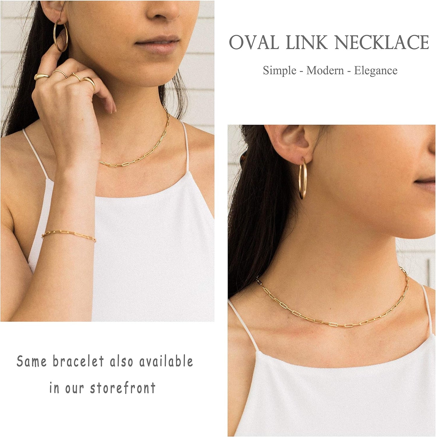 18K Gold Paperclip Chain Choker Satellite Chain Lava Bead Pendant Necklace Dainty Jewelry for Women 16''