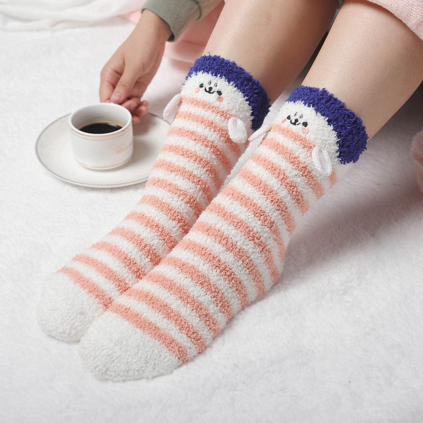 Fuzzy Slipper Socks for Women Fluffy Warm Non Slip Cozy Socks with Grips Winter Girls Soft Socks Animal Design 5 Pairs