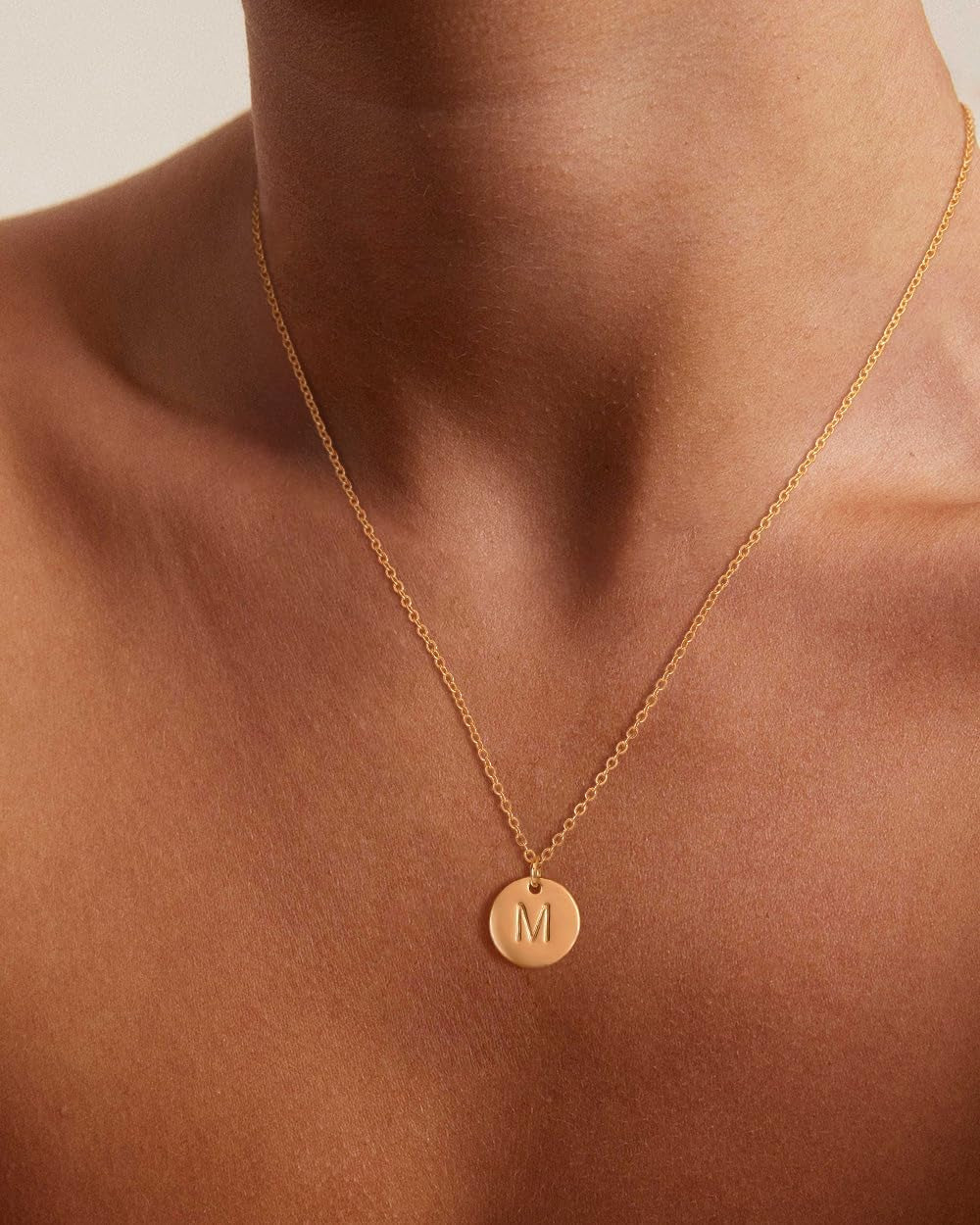 Initial Necklace for Women round 11MM Coin Disc Double Side Engraved Letter A-Z Hammered Pendant 14K Gold Plated Personalized Alphabet Birthday Jewelry 17.5"