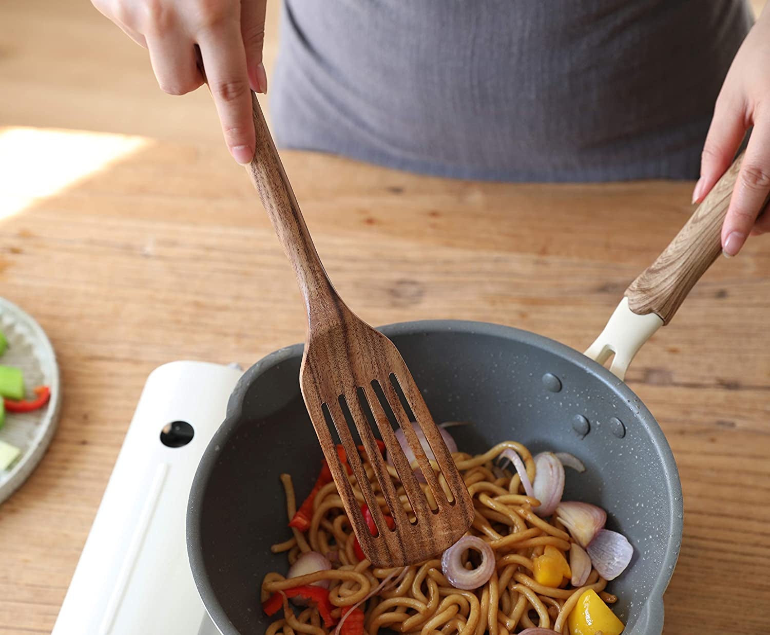 Wooden Cooking Utensils Set of 7, Wooden Cooking Tools - Natural Nonstick Hard Wood Spatula and Spoons - Durable,Wooden Spoons for Cooking