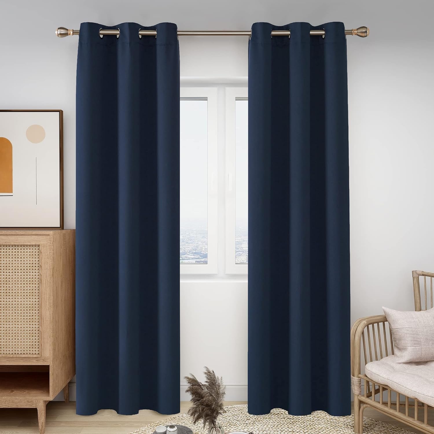 Noise Blocking Thermal Insulated Blackout Drapes, Room Darkening Blackout Curtains for Living Room, Set of 2, Each 42X84 In, Navy Blue