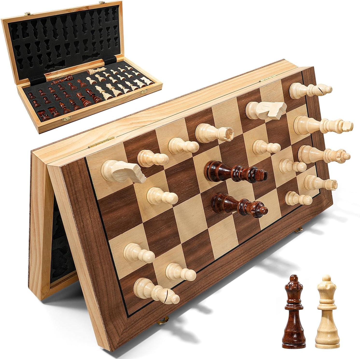 Magnetic Chess Board Set for Adults & Kids, 15" Wooden Folding Chess Boards, Handcrafted Portable Travel Chess Game with Pieces Storage Slots & 2 Extra Queens