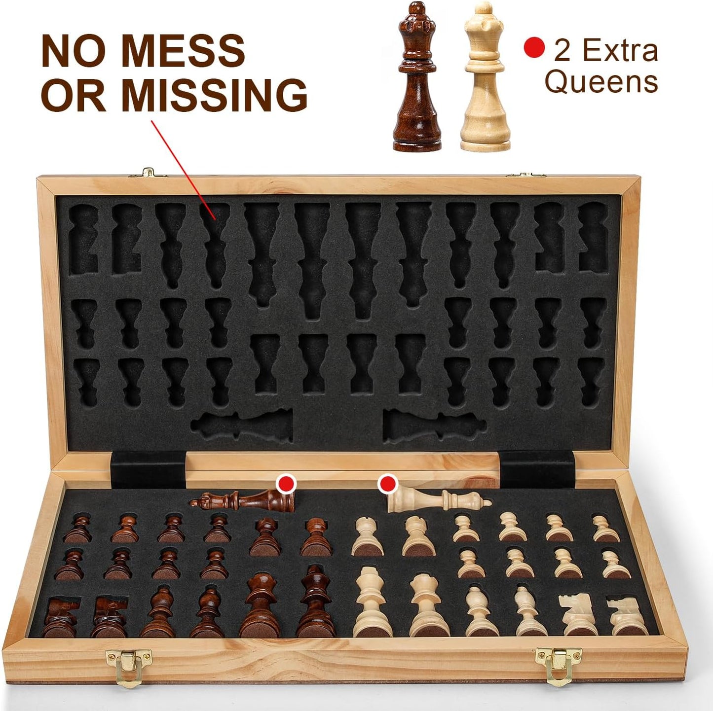 Magnetic Chess Board Set for Adults & Kids, 15" Wooden Folding Chess Boards, Handcrafted Portable Travel Chess Game with Pieces Storage Slots & 2 Extra Queens