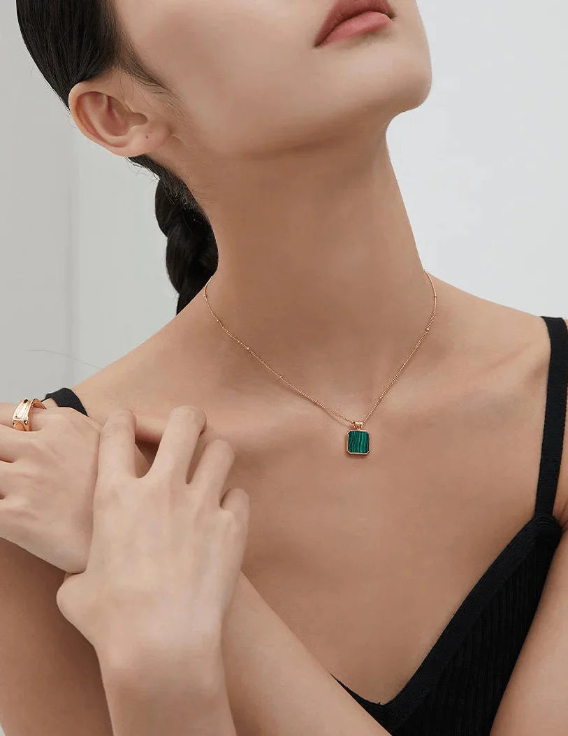 Satellite Chain Square Malachite Pendant Necklace